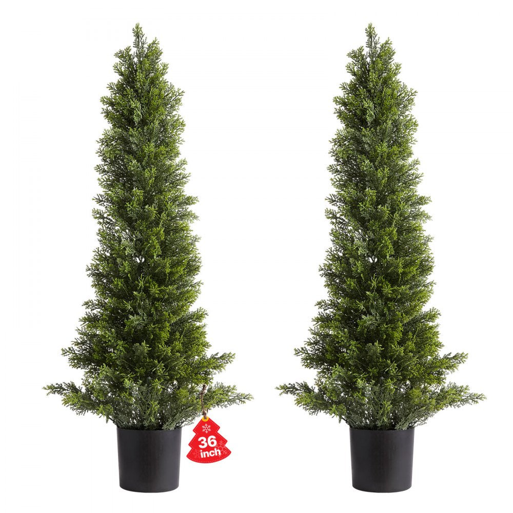 VEVOR Artificial Topiary Cedar Trees, 36 inch 2 Set Faux Pine Shrubs Plants, Fake Silk Tree Look Real, Easy Assembly