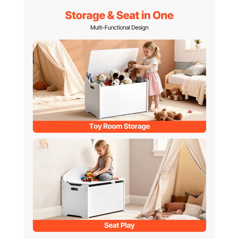 VEVOR Kids Storage Bench, Wooden Toy Box Chest with Backrest, Large Storage Cabinet with Safety Hinge, Toddlers Storage