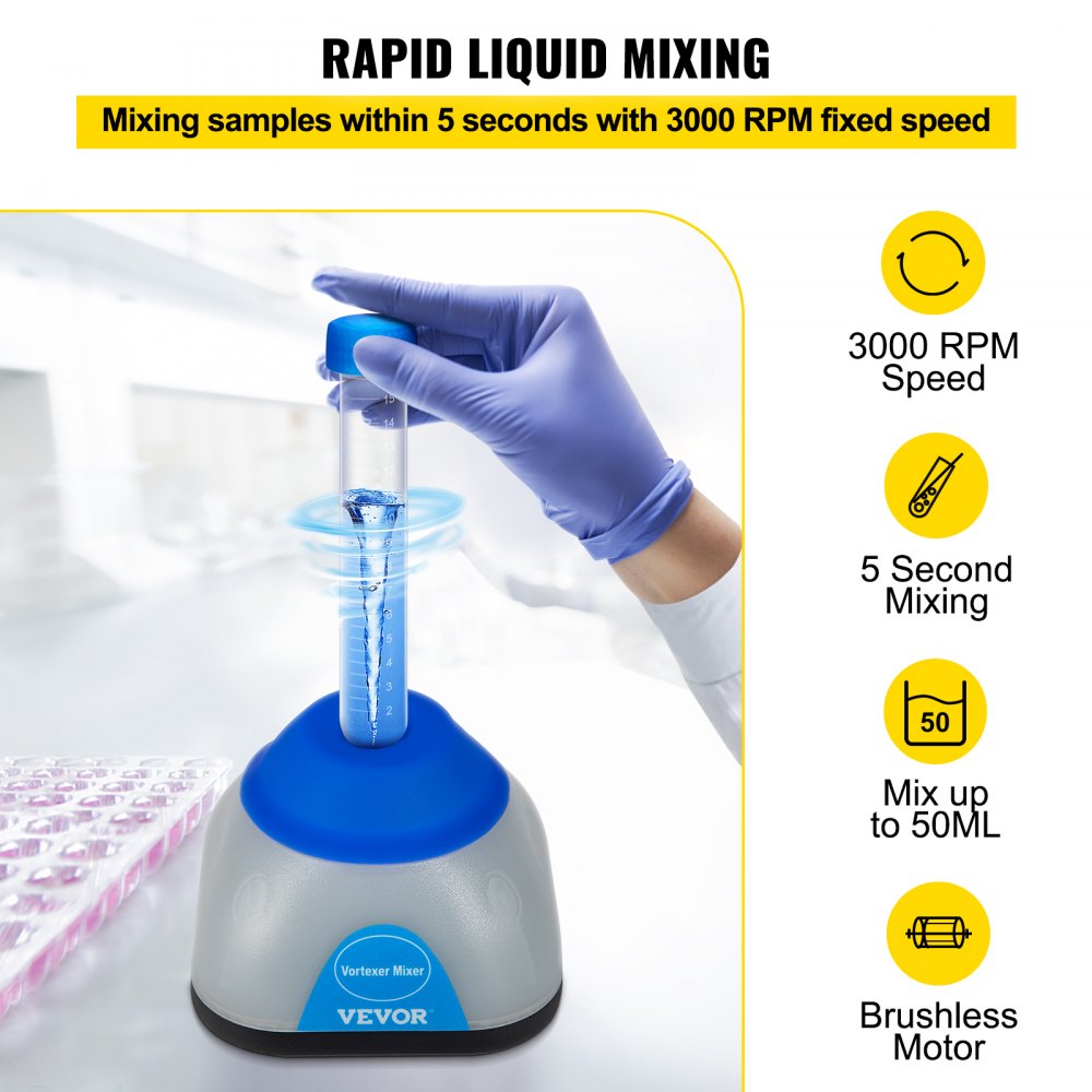 VEVOR Vortex Mixer, 3000rpm Mini Vortex Mixer Shaker, Touch Function Scientific Lab Vortex Shaker, Mix Up to 50ml, 6mm