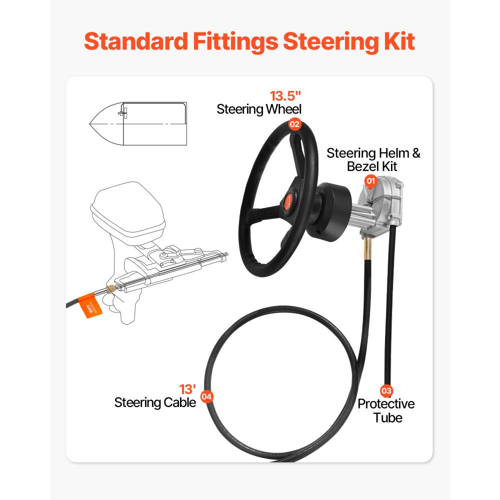 VEVOR Outboard Steering System 13' Outboard Rotary Steering System 13 Feet Boat Steering Cable with 13" Wheel Durable