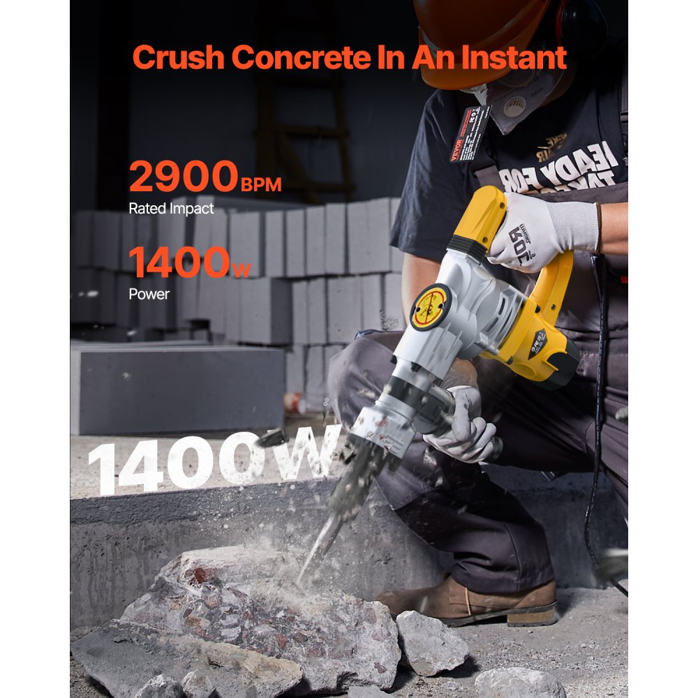VEVOR Demolition Jack Hammer, 1400W Electric Jackhammer Heavy Duty, 2900 BPM Jack Hammer Concrete Breaker, with 1 Point