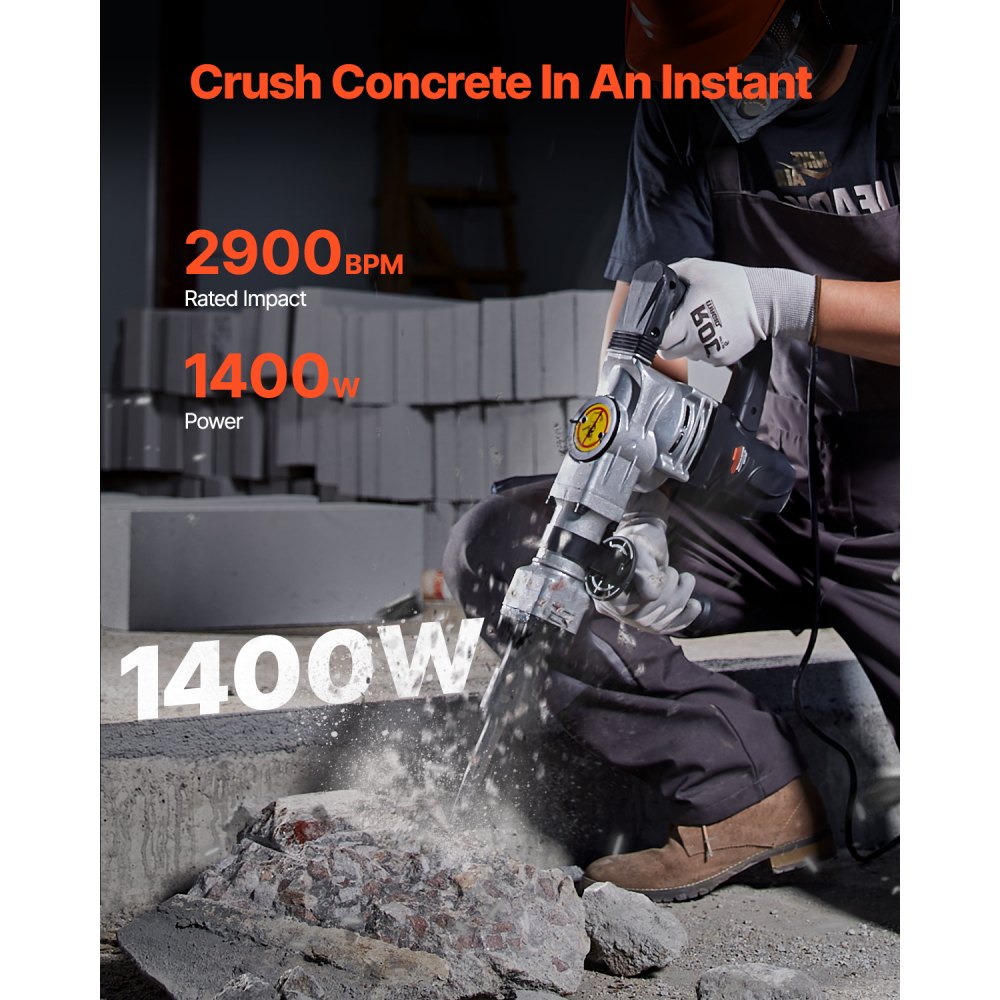 VEVOR Demolition Jack Hammer, 1400W Electric Jackhammer Heavy Duty, 2pcs Chisels Bits Chipping with Case, 2900 BPM