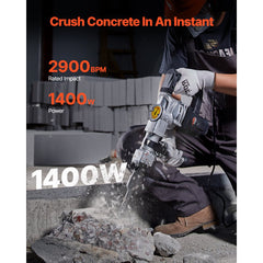 VEVOR Demolition Jack Hammer, 1400W Electric Jackhammer Heavy Duty, 2pcs Chisels Bits Chipping with Case, 2900 BPM