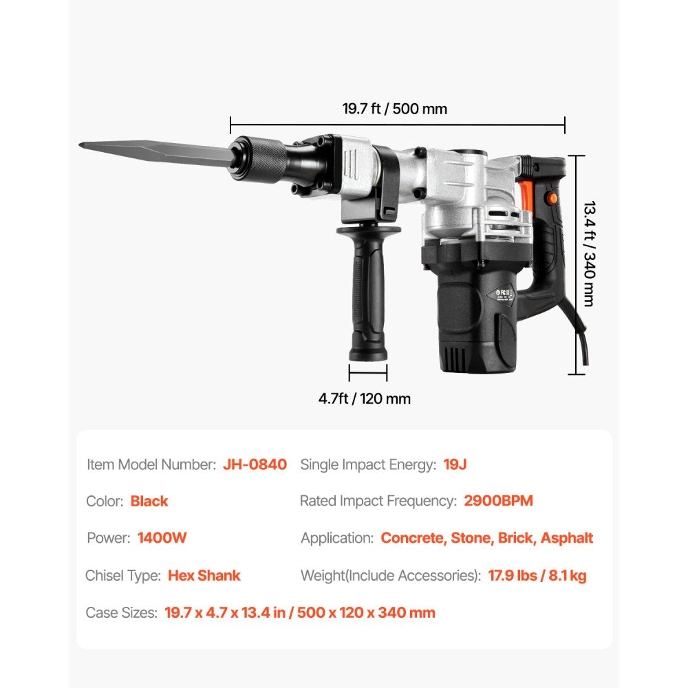 VEVOR Demolition Jack Hammer, 1400W Electric Jackhammer Heavy Duty, 2pcs Chisels Bits Chipping with Case, 2900 BPM