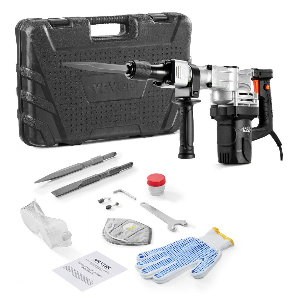 VEVOR Demolition Jack Hammer, 1400W Electric Jackhammer Heavy Duty, 2pcs Chisels Bits Chipping with Case, 2900 BPM