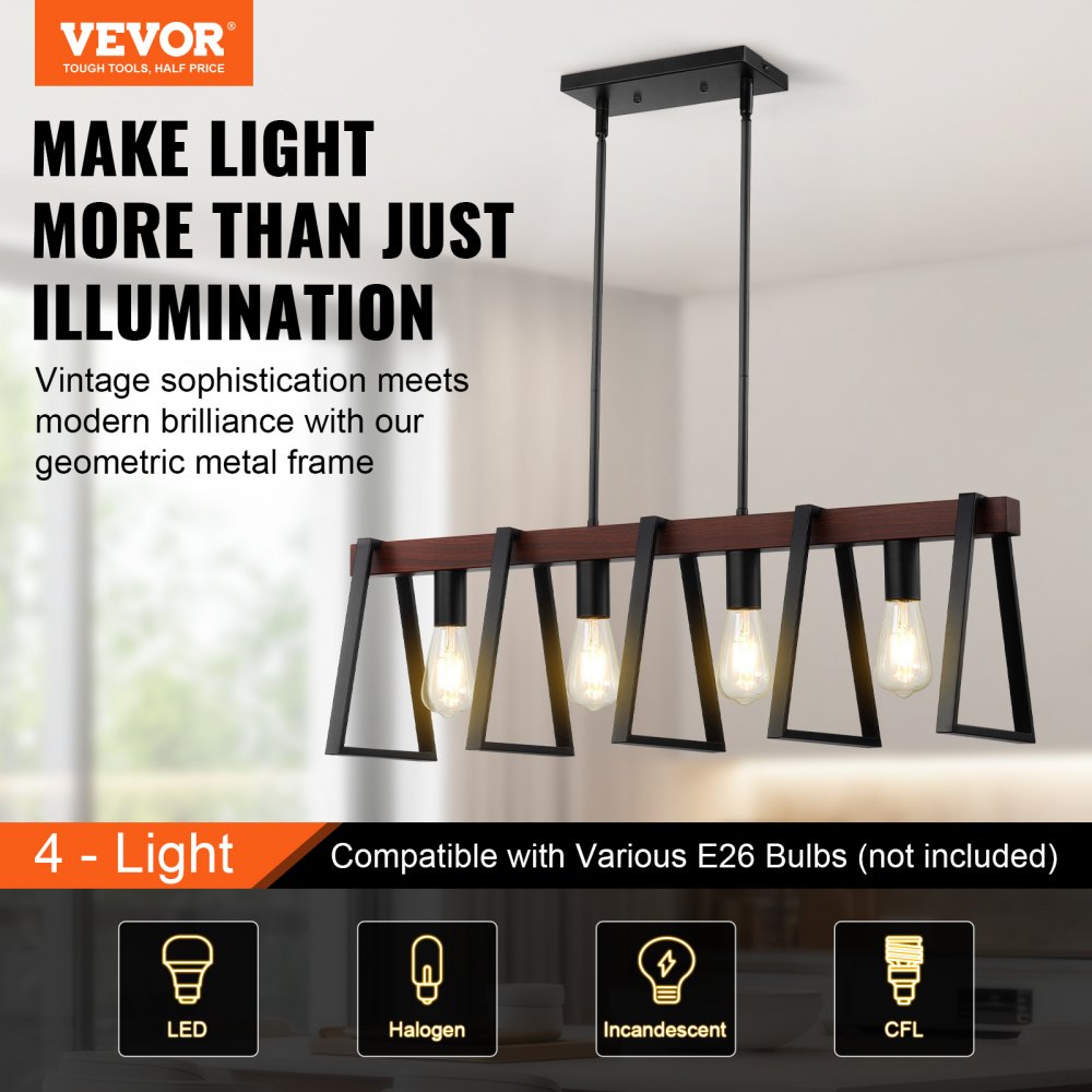 VEVOR 4-Light Kitchen Island Pendant Lights, 60W, Adjustable Dining Room Light Fixture with 2 x 6'' and 6 x 12'' Rods