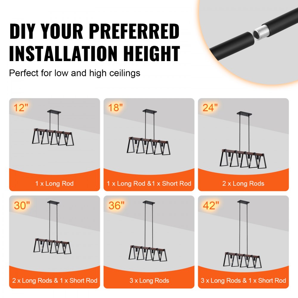 VEVOR 4-Light Kitchen Island Pendant Lights, 60W, Adjustable Dining Room Light Fixture with 2 x 6'' and 6 x 12'' Rods