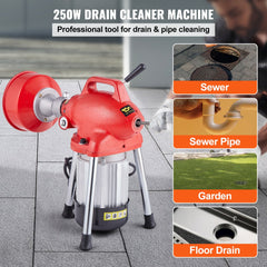VEVOR Drain Cleaner Machine 66FT x 5/8 Inch, 250W Electric Sewer Snake Auger Manual Feed - with 2 Sectional Steel