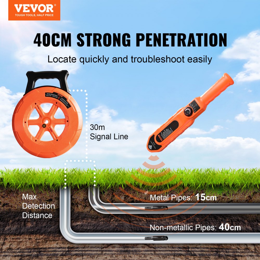 VEVOR Pipe Locators, 100ft/30m PVC Pipe Locators Underground, IP67 Waterproof Pipe Blockage Detector with Adjustable