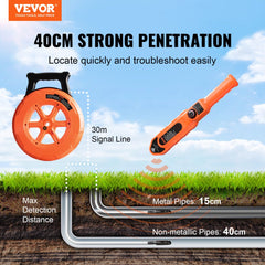 VEVOR Pipe Locators, 100ft/30m PVC Pipe Locators Underground, IP67 Waterproof Pipe Blockage Detector with Adjustable