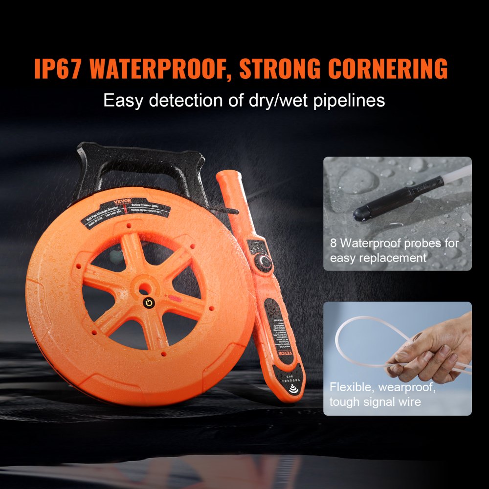 VEVOR Pipe Locators, 100ft/30m PVC Pipe Locators Underground, IP67 Waterproof Pipe Blockage Detector with Adjustable