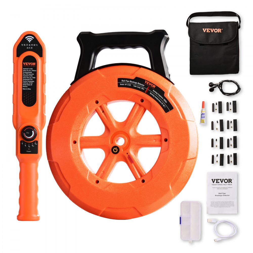 VEVOR Pipe Locators, 100ft/30m PVC Pipe Locators Underground, IP67 Waterproof Pipe Blockage Detector with Adjustable