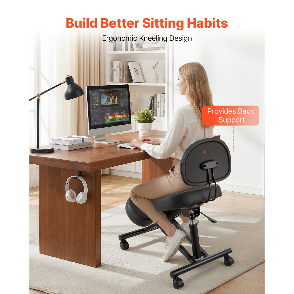 VEVOR Ergonomic Kneeling Chair with Backrest & Wheels, Mobile X-Shaped Posture Knee Chair with Adjustable Height &