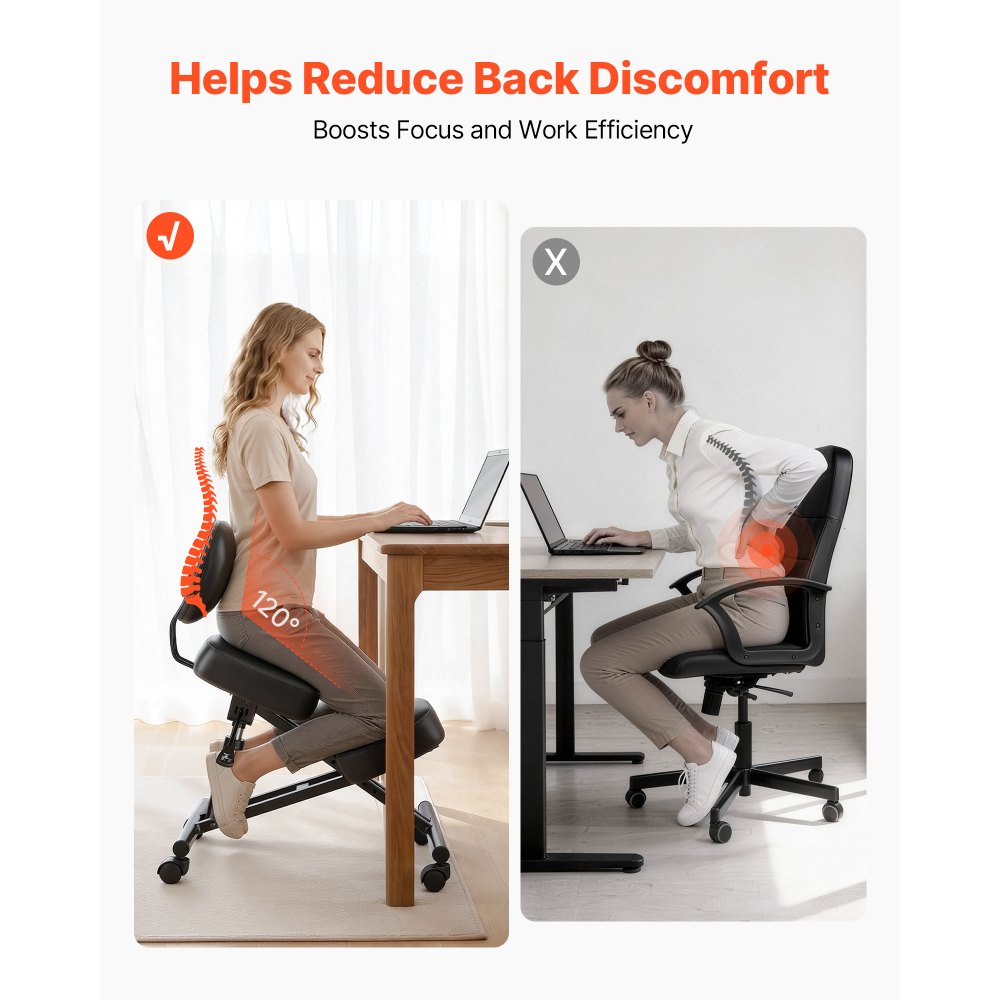 VEVOR Ergonomic Kneeling Chair with Backrest & Wheels, Mobile X-Shaped Posture Knee Chair with Adjustable Height &