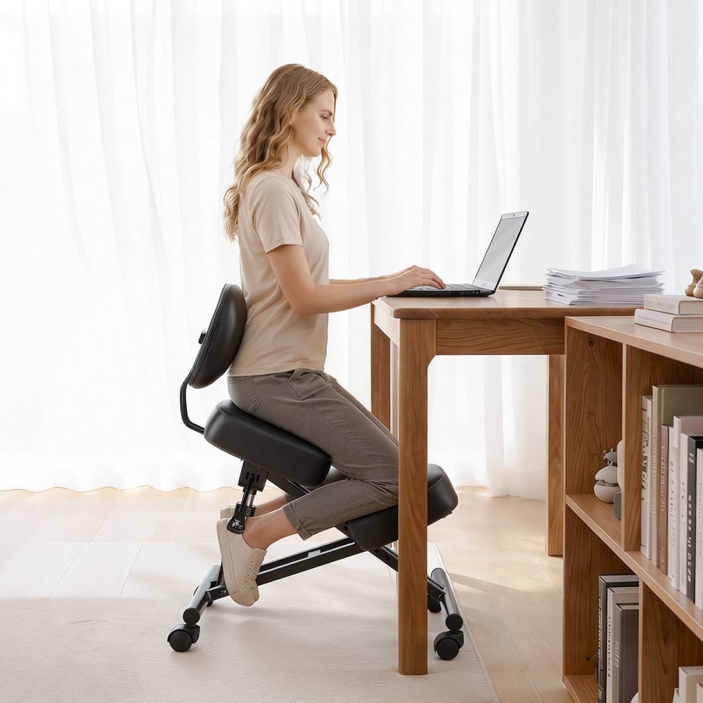 VEVOR Ergonomic Kneeling Chair with Backrest & Wheels, Mobile X-Shaped Posture Knee Chair with Adjustable Height &