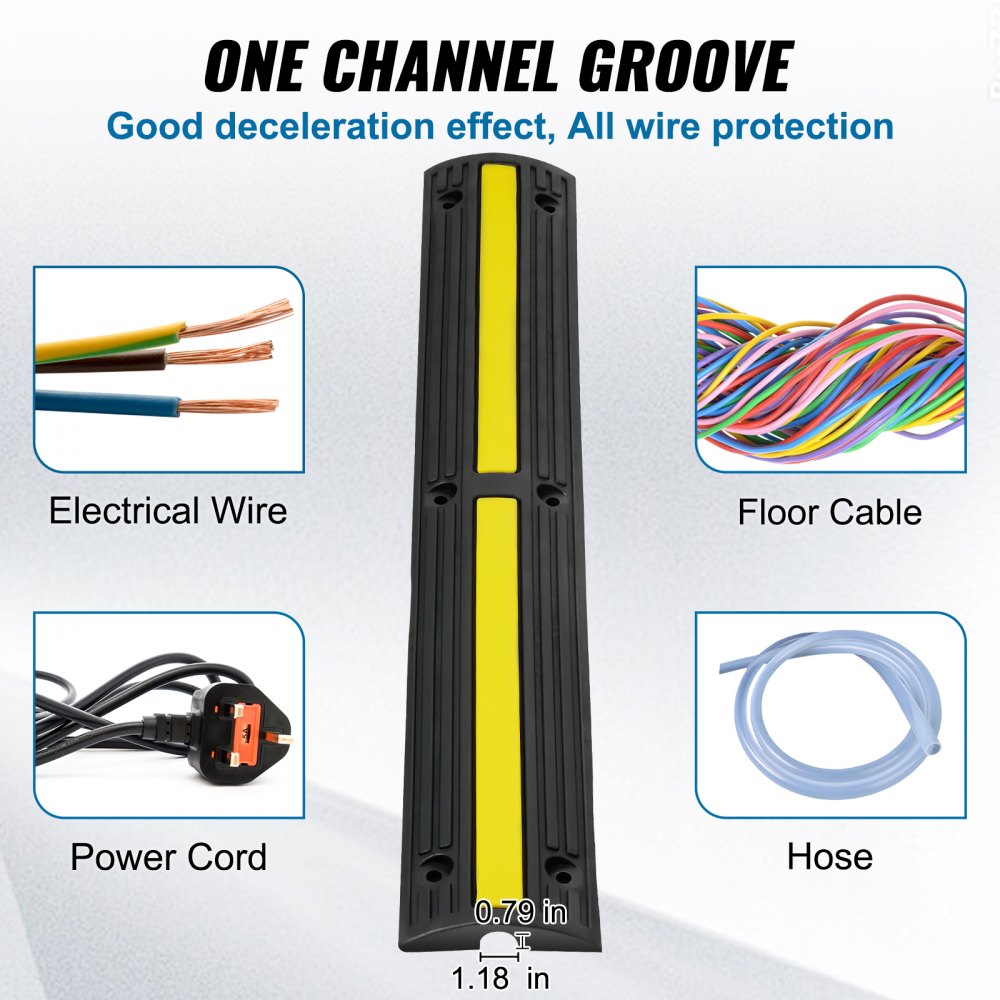 VEVOR 3.28 ft Cable Protector Ramp, 4 Pack of 1 Channel, 18000 lbs/axle Capacity Heavy Duty Rubber Speed Bumps, Floor