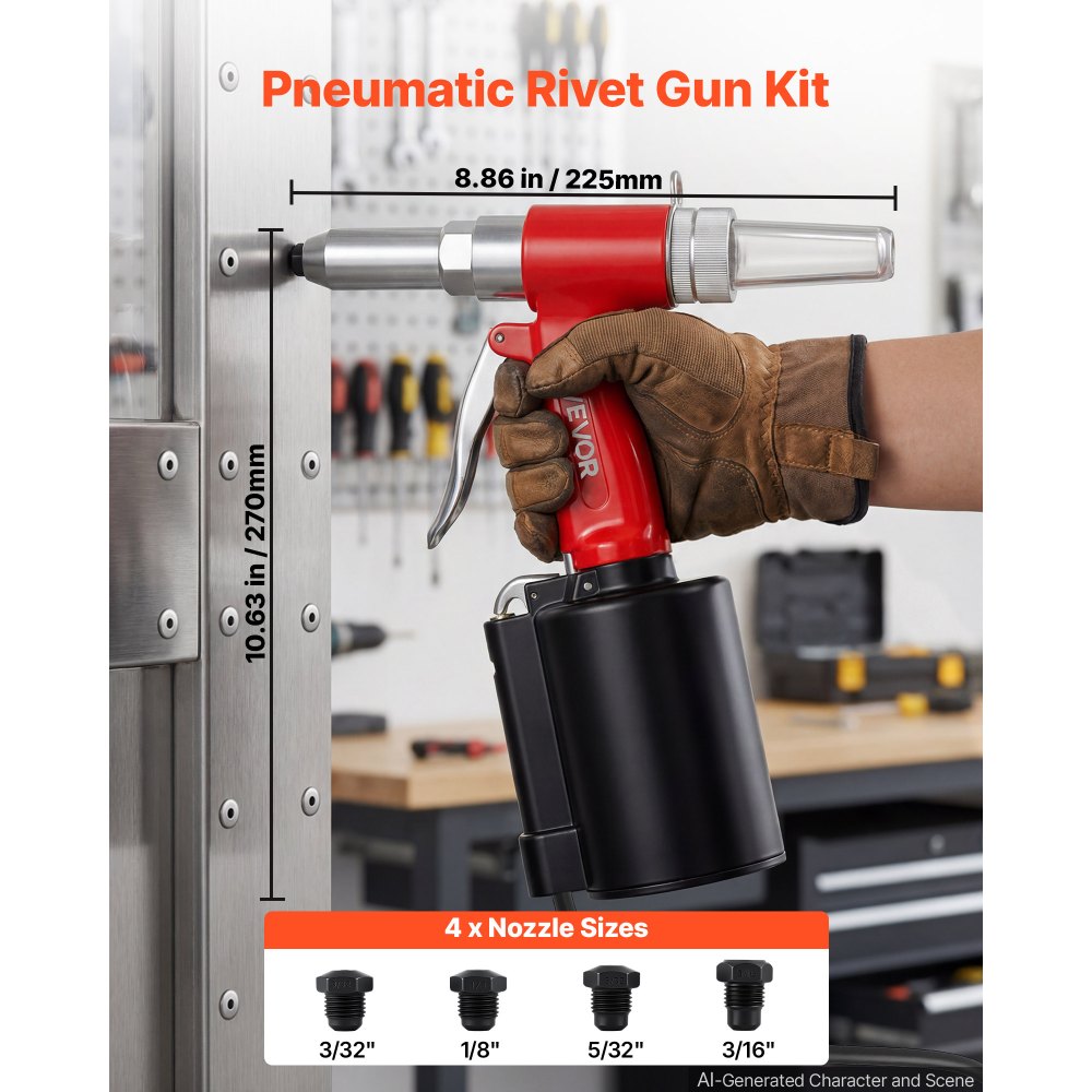 VEVOR Pneumatic Rivet Gun Kit with 3/32" 1/8" 5/32" 3/16" Nosepieces, 2425 LBS Pulling Force, 3-Claw Secure Grip, Air