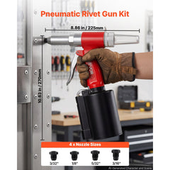 VEVOR Pneumatic Rivet Gun Kit with 3/32" 1/8" 5/32" 3/16" Nosepieces, 2425 LBS Pulling Force, 3-Claw Secure Grip, Air