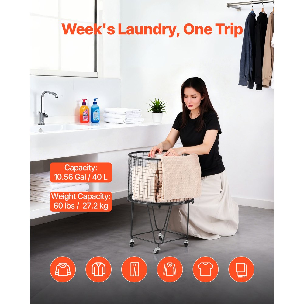 VEVOR Laundry Cart, Rolling Round Grocery Utility Cart with 360° Swivel Wheels, 60 LBS Large Load Capacity, Heavy Duty