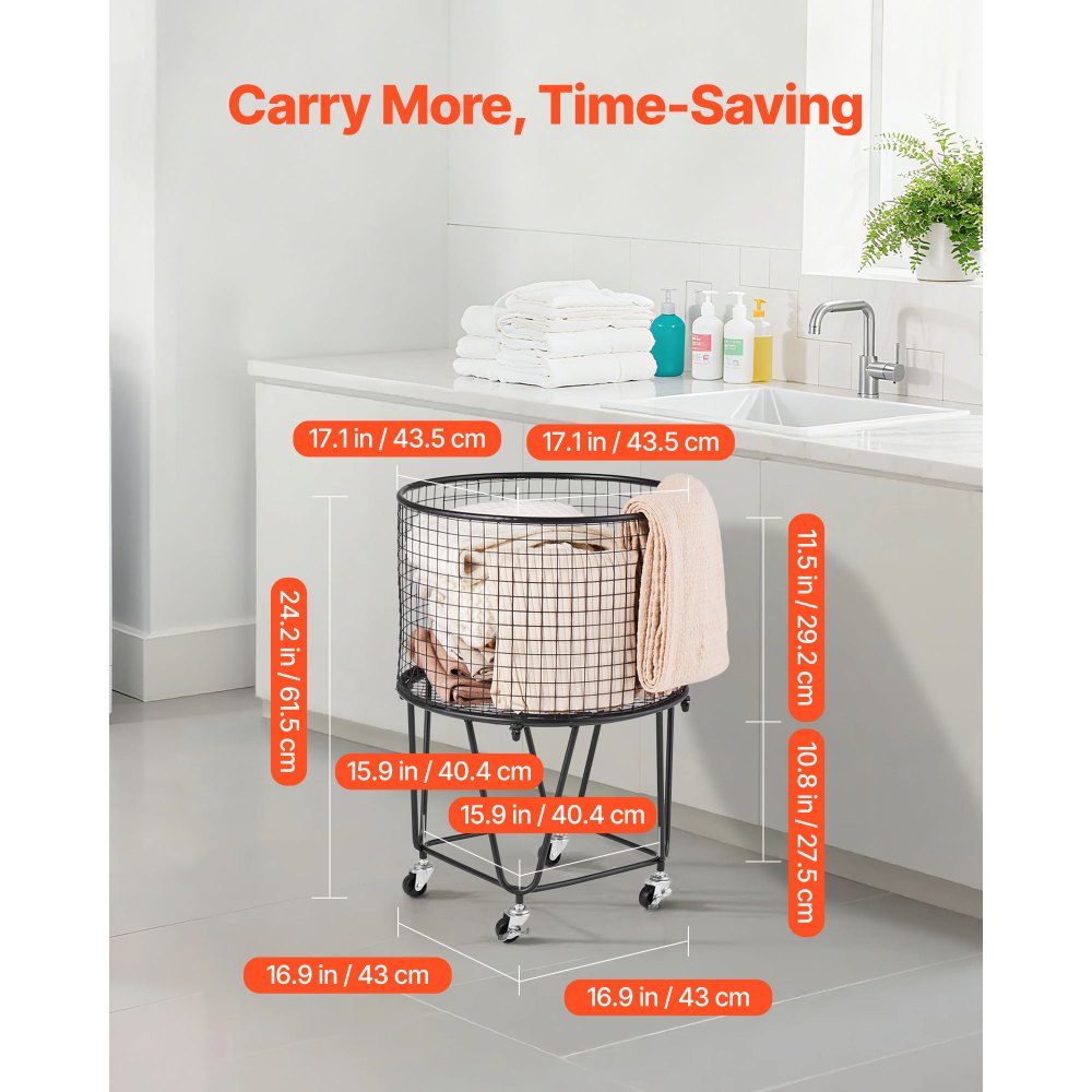 VEVOR Laundry Cart, Rolling Round Grocery Utility Cart with 360° Swivel Wheels, 60 LBS Large Load Capacity, Heavy Duty