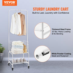 VEVOR Metal Rolling Laundry Basket with Hanging Garment Rack, Height Adjustment Laundry Hamper Cart with Basket Load