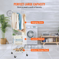 VEVOR Metal Rolling Laundry Basket with Hanging Garment Rack, Height Adjustment Laundry Hamper Cart with Basket Load