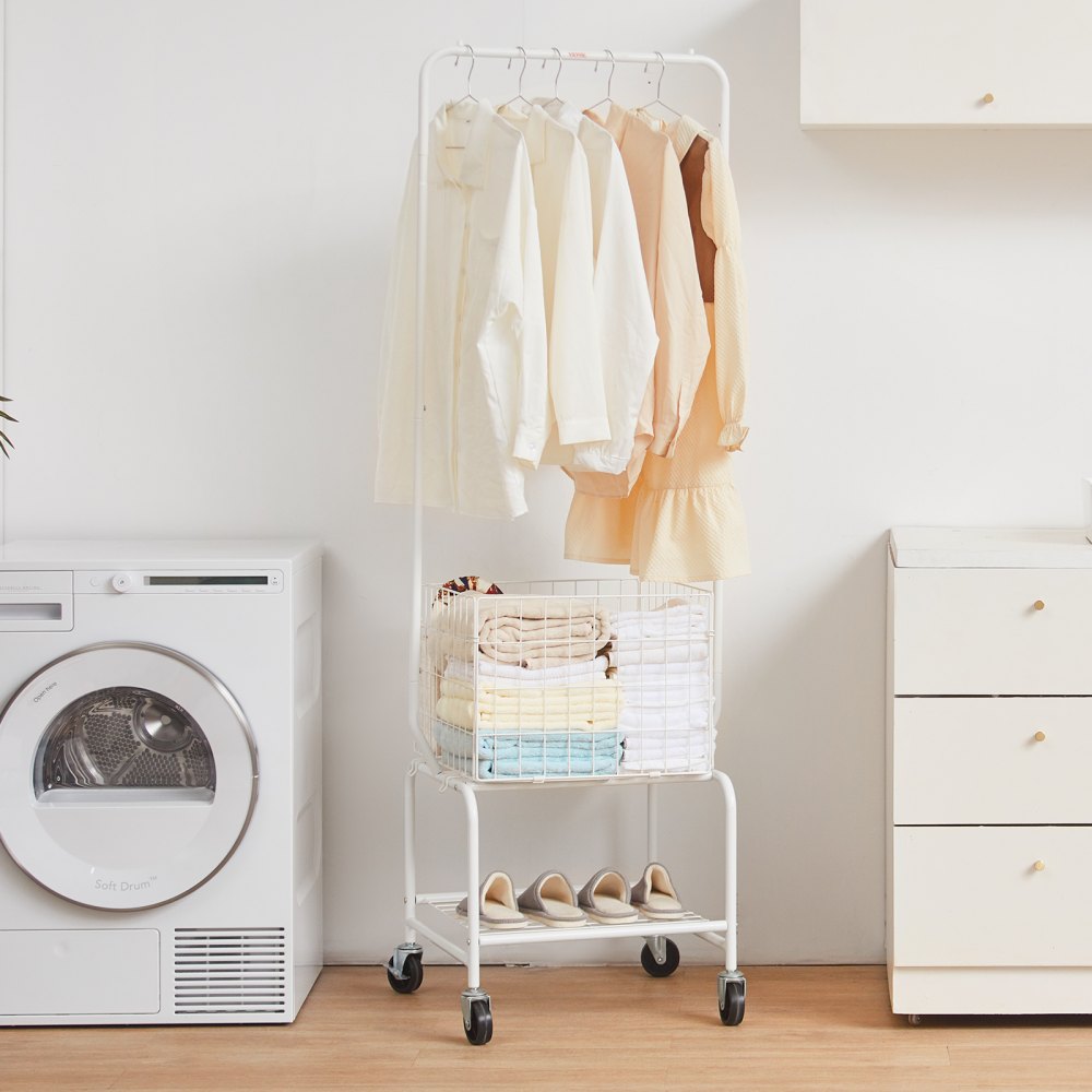 VEVOR Metal Rolling Laundry Basket with Hanging Garment Rack, Height Adjustment Laundry Hamper Cart with Basket Load