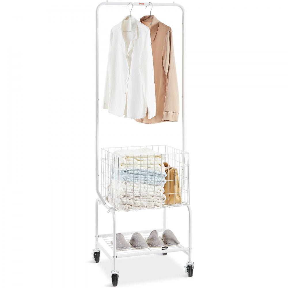 VEVOR Metal Rolling Laundry Basket with Hanging Garment Rack, Height Adjustment Laundry Hamper Cart with Basket Load