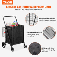 VEVOR Folding Shopping Cart with Removable Waterproof Liner, 210LBS Large Capacity Jumbo Grocery Cart with Dual Basket