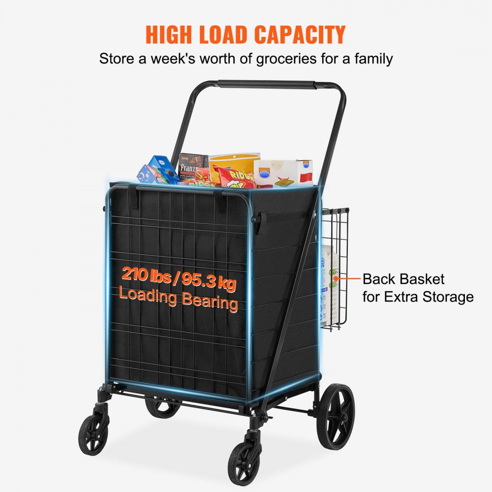 VEVOR Folding Shopping Cart with Removable Waterproof Liner, 210LBS Large Capacity Jumbo Grocery Cart with Dual Basket
