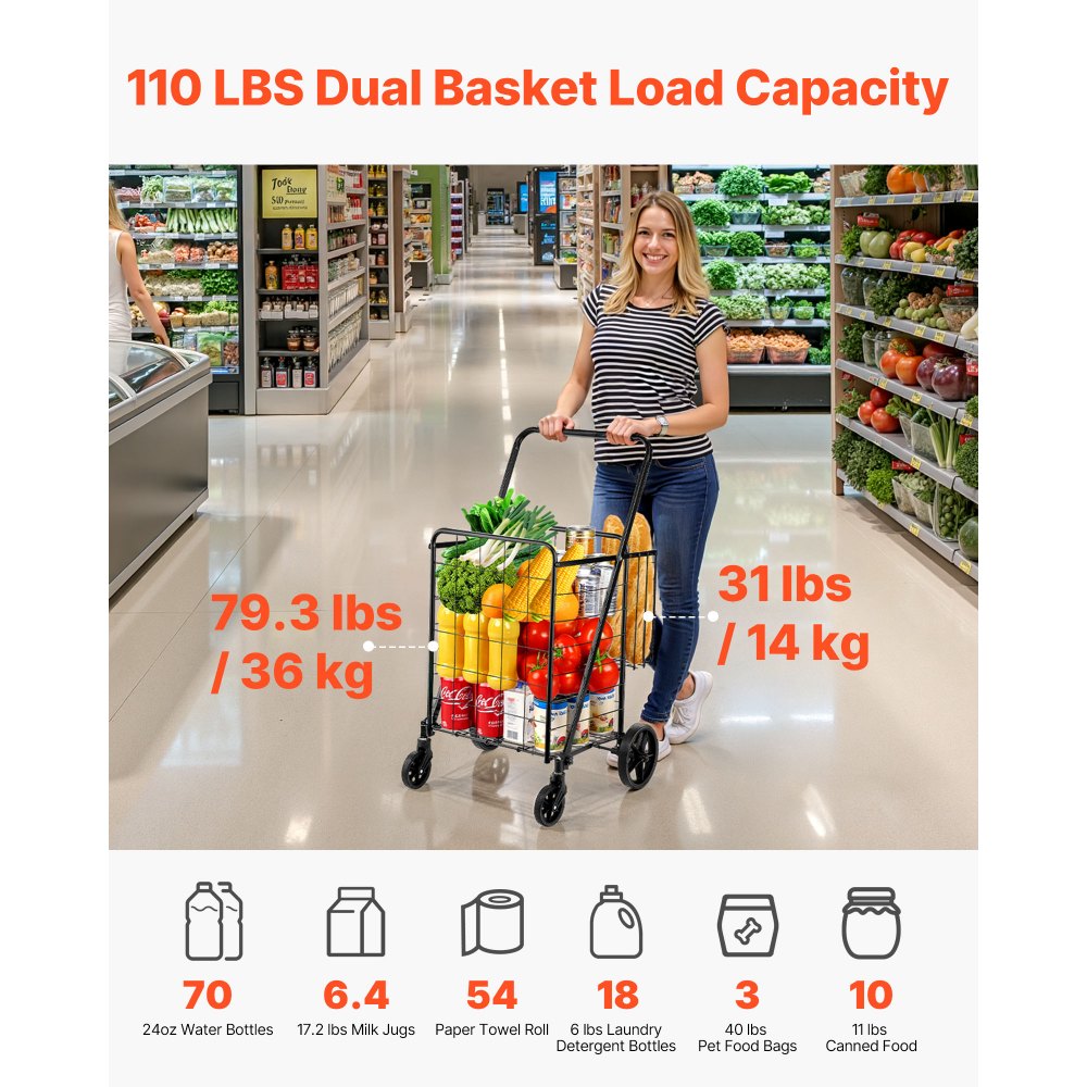 VEVOR Folding Shopping Cart, Jumbo Grocery Cart with Double Baskets, 360° Swivel Wheels, Heavy Duty Utility Cart, 110
