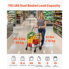 VEVOR Folding Shopping Cart, Jumbo Grocery Cart with Double Baskets, 360° Swivel Wheels, Heavy Duty Utility Cart, 110