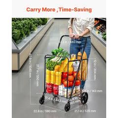 VEVOR Folding Shopping Cart, Jumbo Grocery Cart with Double Baskets, 360° Swivel Wheels, Heavy Duty Utility Cart, 110