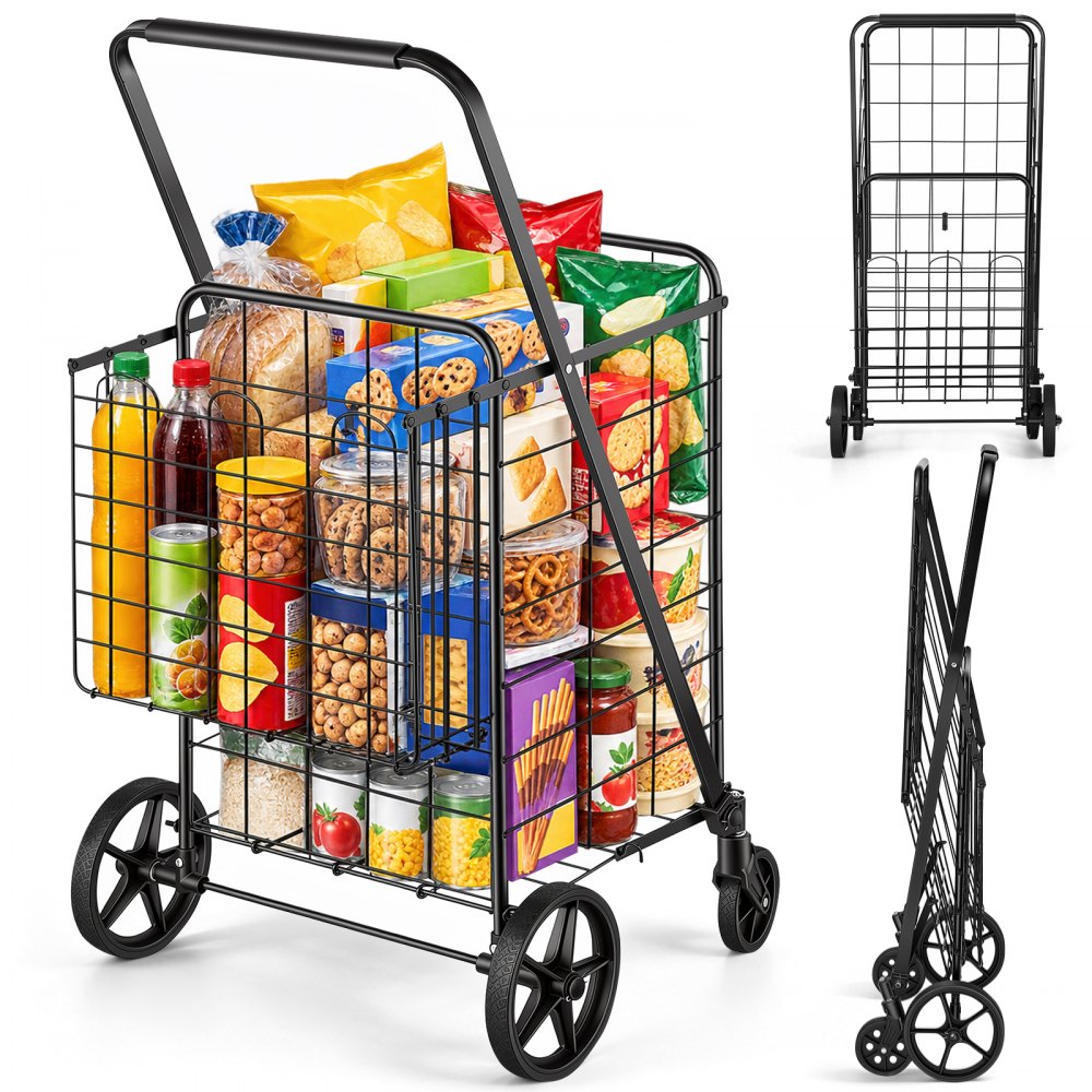 VEVOR Folding Shopping Cart, Jumbo Grocery Cart with Double Baskets, 360° Swivel Wheels, Heavy Duty Utility Cart, 110