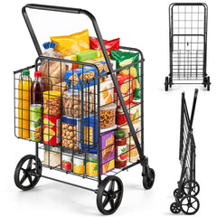 VEVOR Folding Shopping Cart, Jumbo Grocery Cart with Double Baskets, 360° Swivel Wheels, Heavy Duty Utility Cart, 110