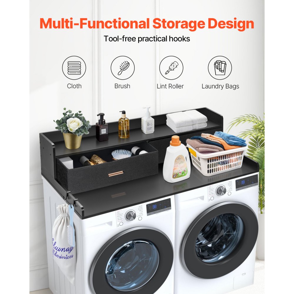 VEVOR 2 Drawers Washer Dryer Countertop with 2-Tier Shelf, 54" x 27" Wooden Washer and Dryer Countertop with Non-Slip