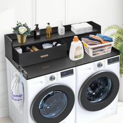 VEVOR 2 Drawers Washer Dryer Countertop with 2-Tier Shelf, 54" x 27" Wooden Washer and Dryer Countertop with Non-Slip