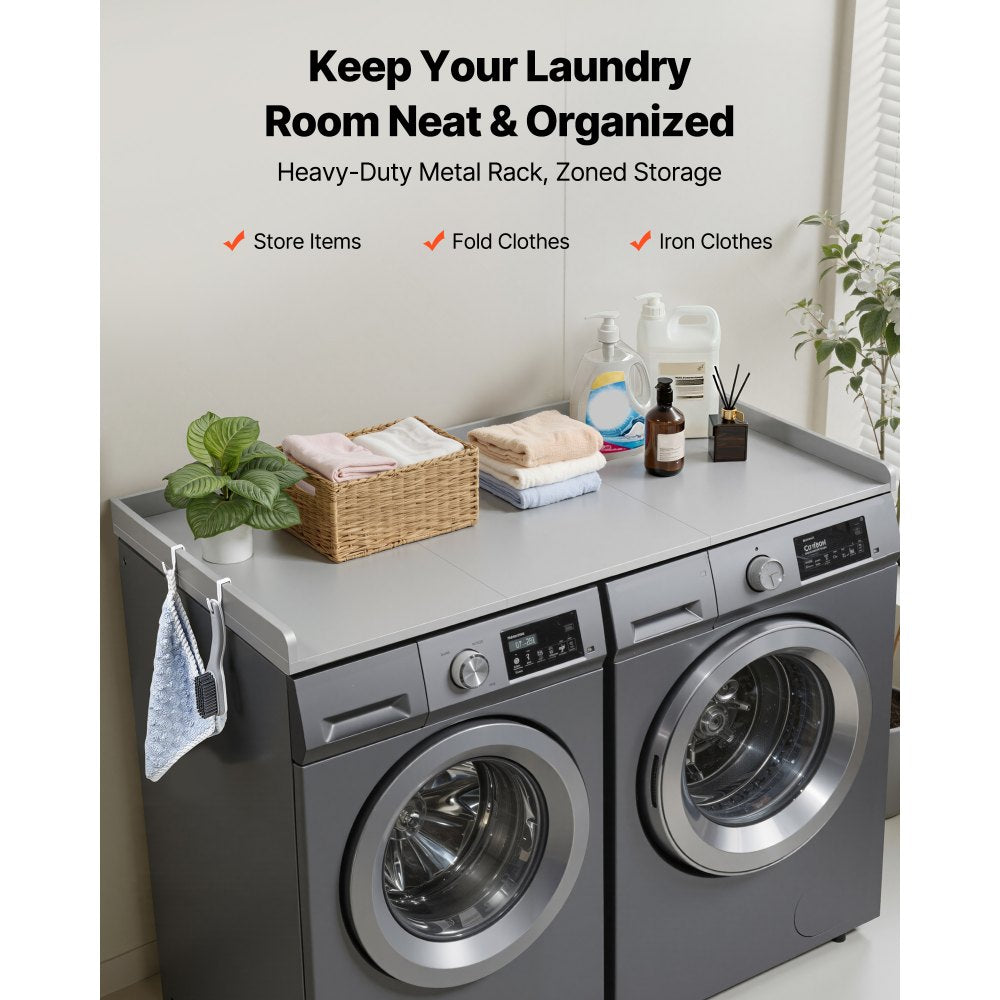 VEVOR Washer Dryer Countertop, 54 x 27.5 in Wooden Washer and Dryer Topper with Edge & 2 Hooks, Water-Resistant Laundry