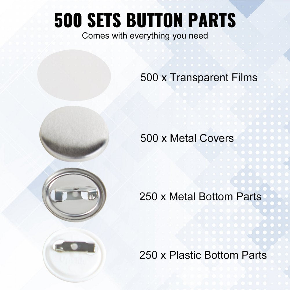 VEVOR 500 Sets 1 25mm Pin Back Button Parts, DIY Round Button Badge Parts, Set Includes Metal Top, Plastic/Metal