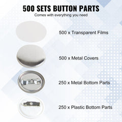 VEVOR 500 Sets 1 25mm Pin Back Button Parts, DIY Round Button Badge Parts, Set Includes Metal Top, Plastic/Metal