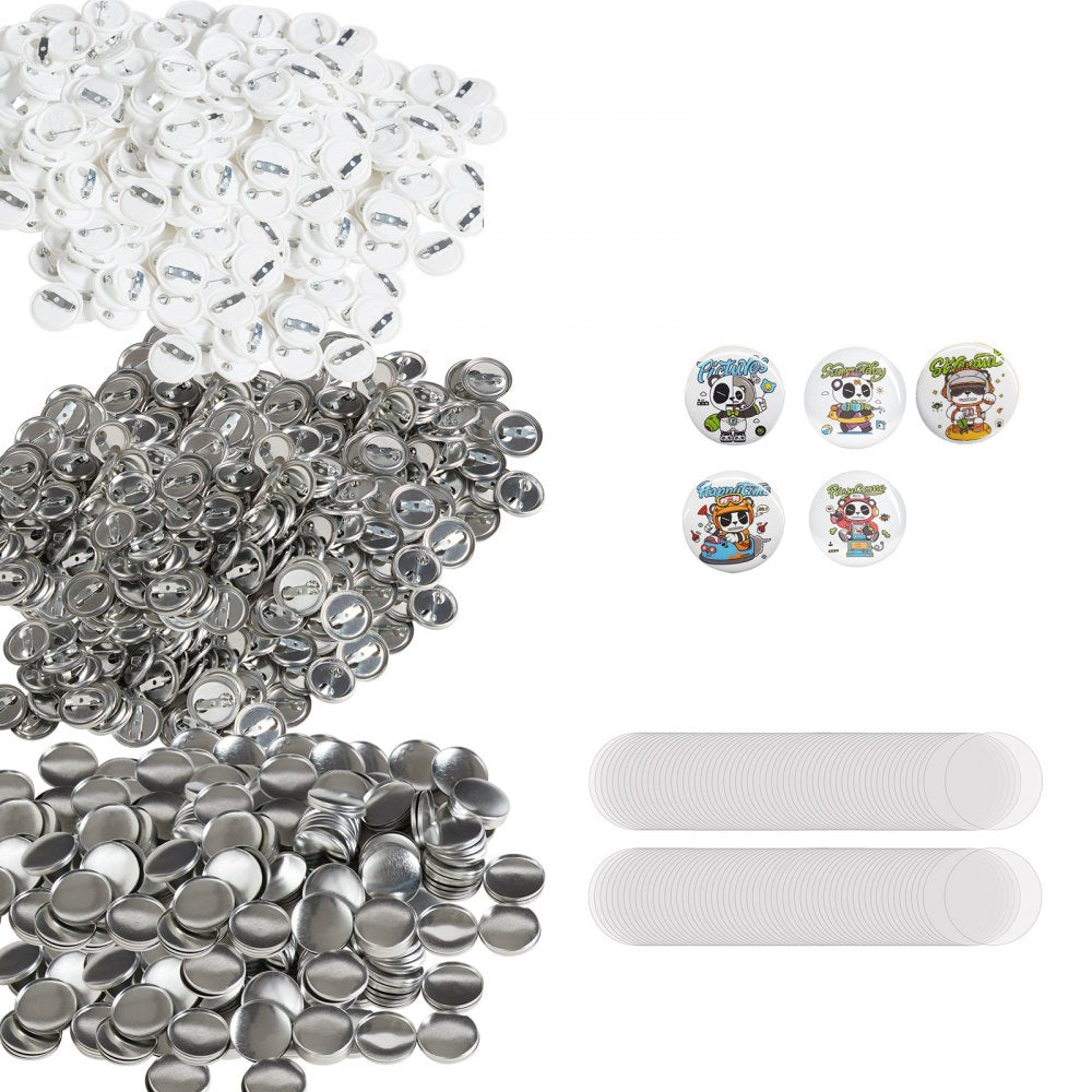 VEVOR 500 Sets 1 25mm Pin Back Button Parts, DIY Round Button Badge Parts, Set Includes Metal Top, Plastic/Metal