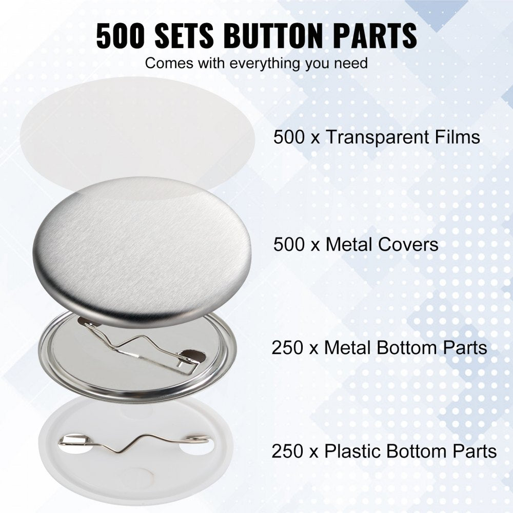 VEVOR 500 Sets 1.25 inch 32mm Pin Back Button Parts, DIY Round Button Badge Parts, Set Includes Metal Top