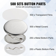 VEVOR 500 Sets 1.25 inch 32mm Pin Back Button Parts, DIY Round Button Badge Parts, Set Includes Metal Top