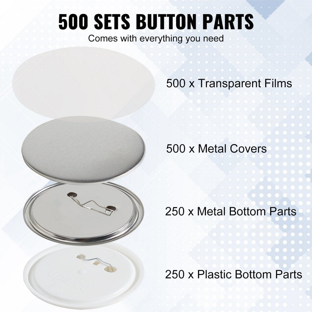 VEVOR 500 Sets 2.25 inch 58mm Pin Back Button Parts, DIY Round Button Badge Parts, Set Includes Metal Top