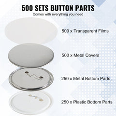 VEVOR 500 Sets 2.25 inch 58mm Pin Back Button Parts, DIY Round Button Badge Parts, Set Includes Metal Top