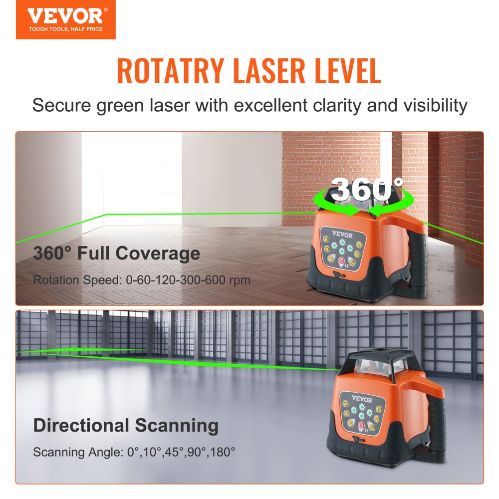 VEVOR Laser Level, 2000ft, 360 Degree Self Leveling Green Cross Line Laser, 5 Rotation Speeds & 4 Scanning Angles