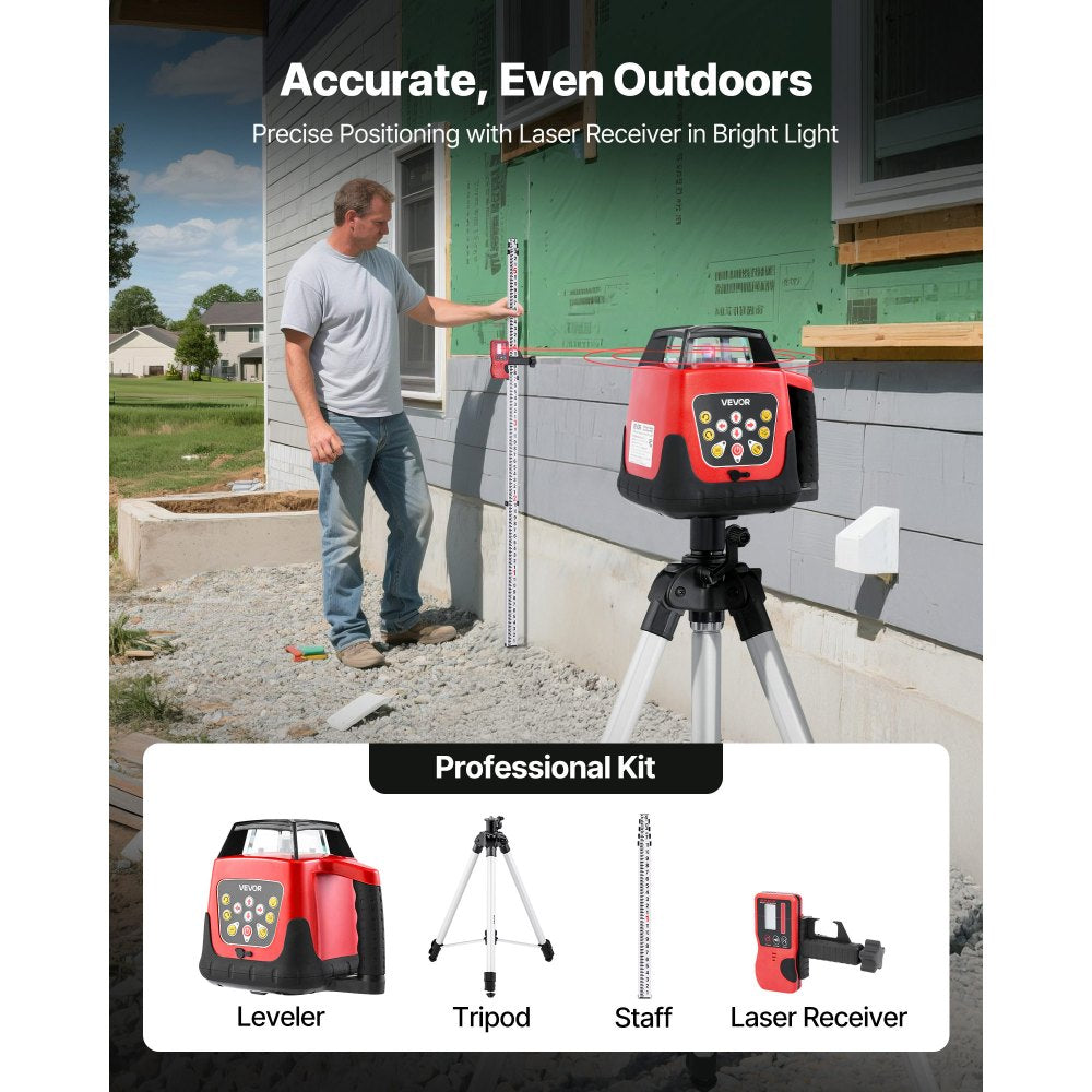 VEVOR Rotary Laser Level Kit, 1650ft 360-Degree Self Leveling Red Horizontal Laser Transit,with Tripod,Receiver,Remote