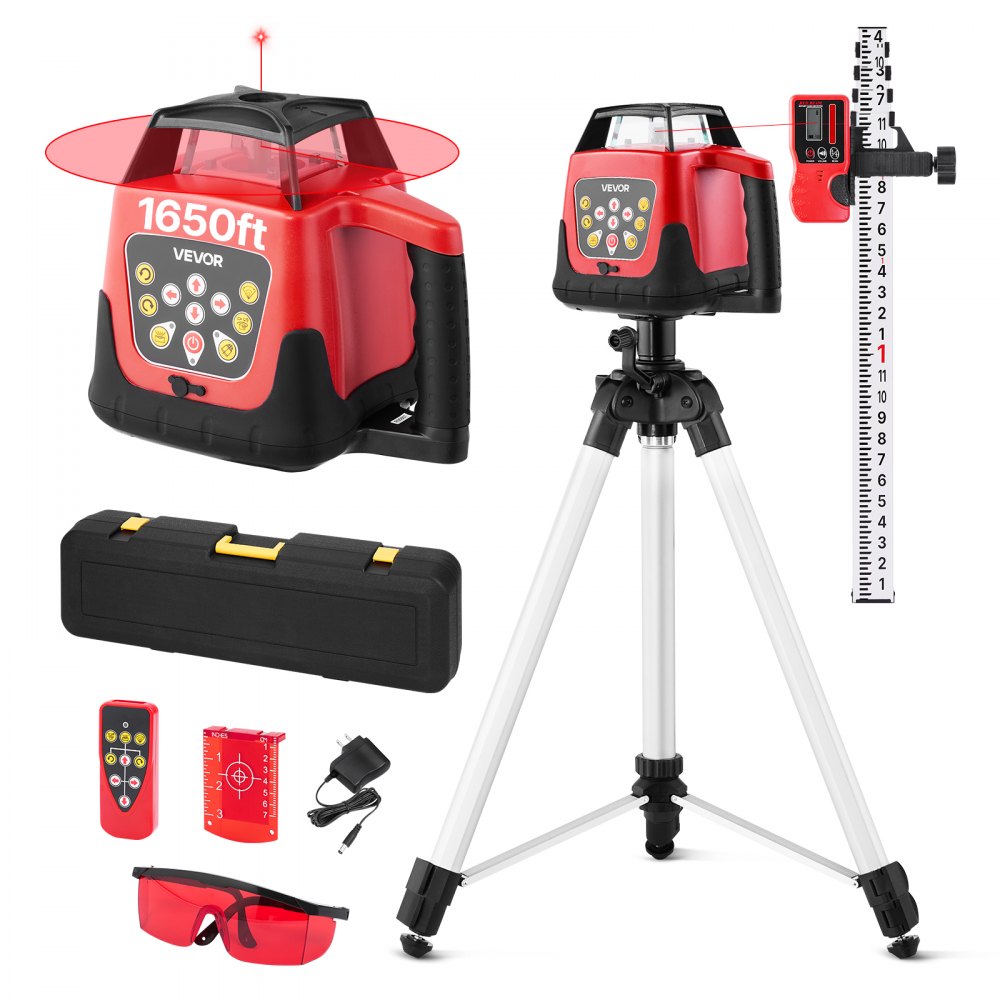 VEVOR Rotary Laser Level Kit, 1650ft 360-Degree Self Leveling Red Horizontal Laser Transit,with Tripod,Receiver,Remote