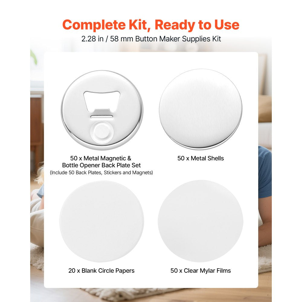 VEVOR Button Maker Supplies 50 Sets 2.28 in / 58 mm Magnet Button Parts, with Magnetic and Bottle Opener Backs, Metal