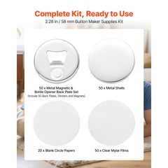 VEVOR Button Maker Supplies 50 Sets 2.28 in / 58 mm Magnet Button Parts, with Magnetic and Bottle Opener Backs, Metal